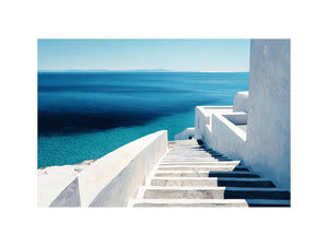 Mediterranean white stairs and turquoise sea canvas art for coastal living room decor.