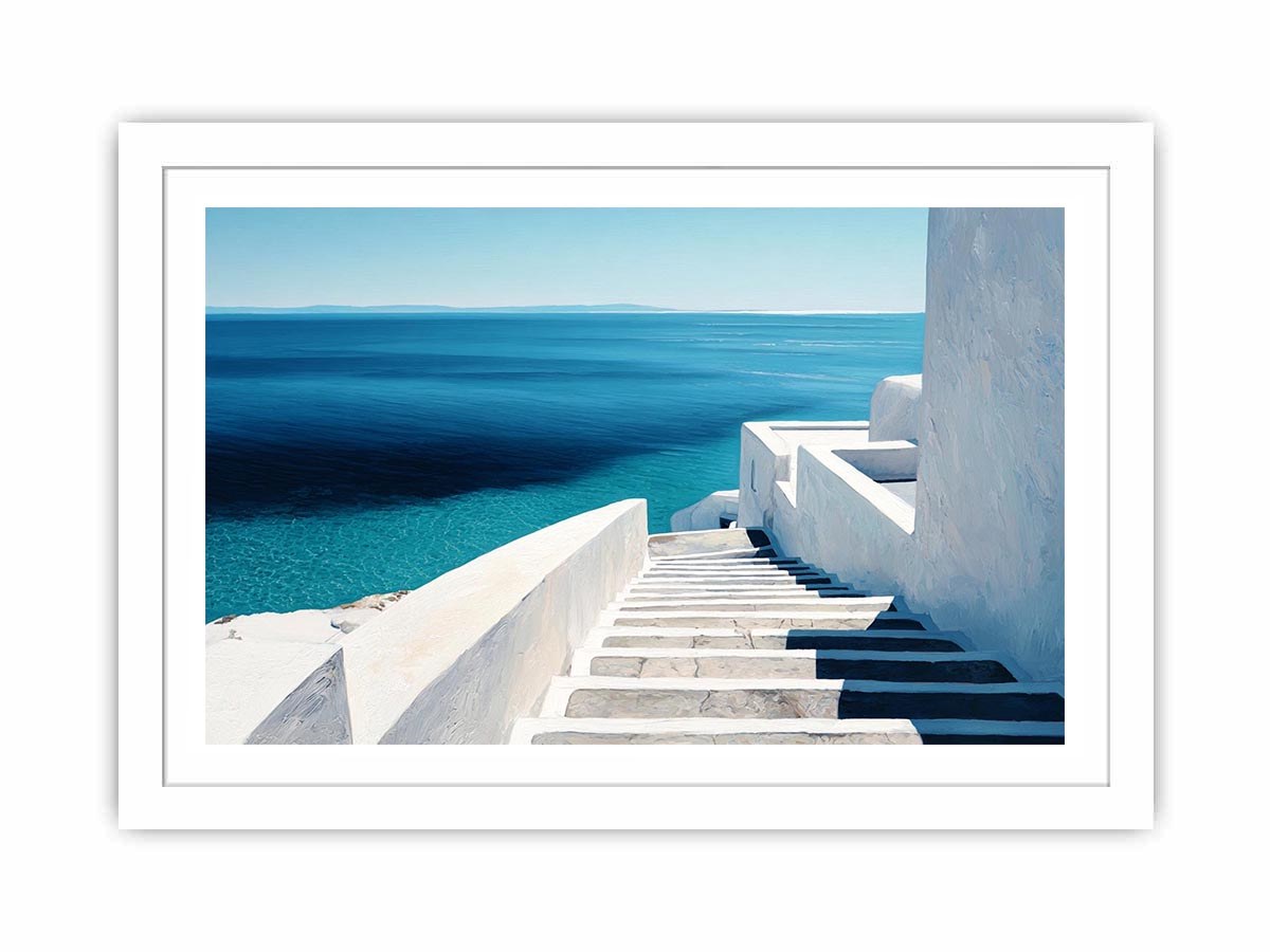 Mediterranean white stairs and turquoise sea canvas art for coastal living room decor.