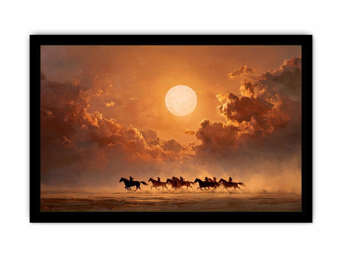 Moonlit horse riders western canvas art for dramatic living room decor.
