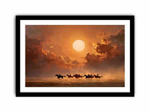 Moonlit horse riders western canvas art for dramatic living room decor.