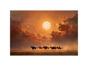 Moonlit horse riders western canvas art for dramatic living room decor.