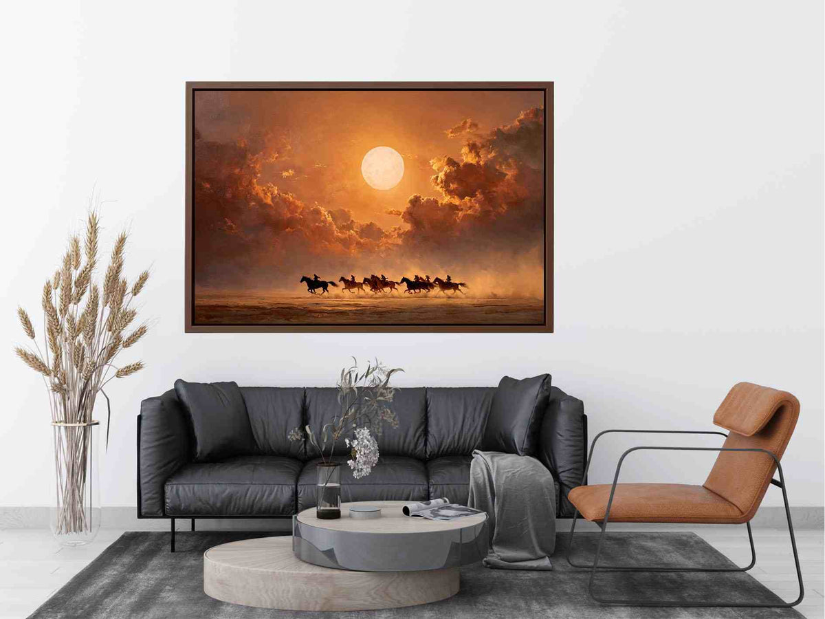 Moonlit horse riders western canvas art for dramatic living room decor.
