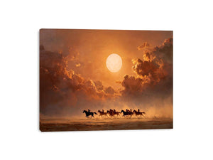 Moonlit horse riders western canvas art for dramatic living room decor.
