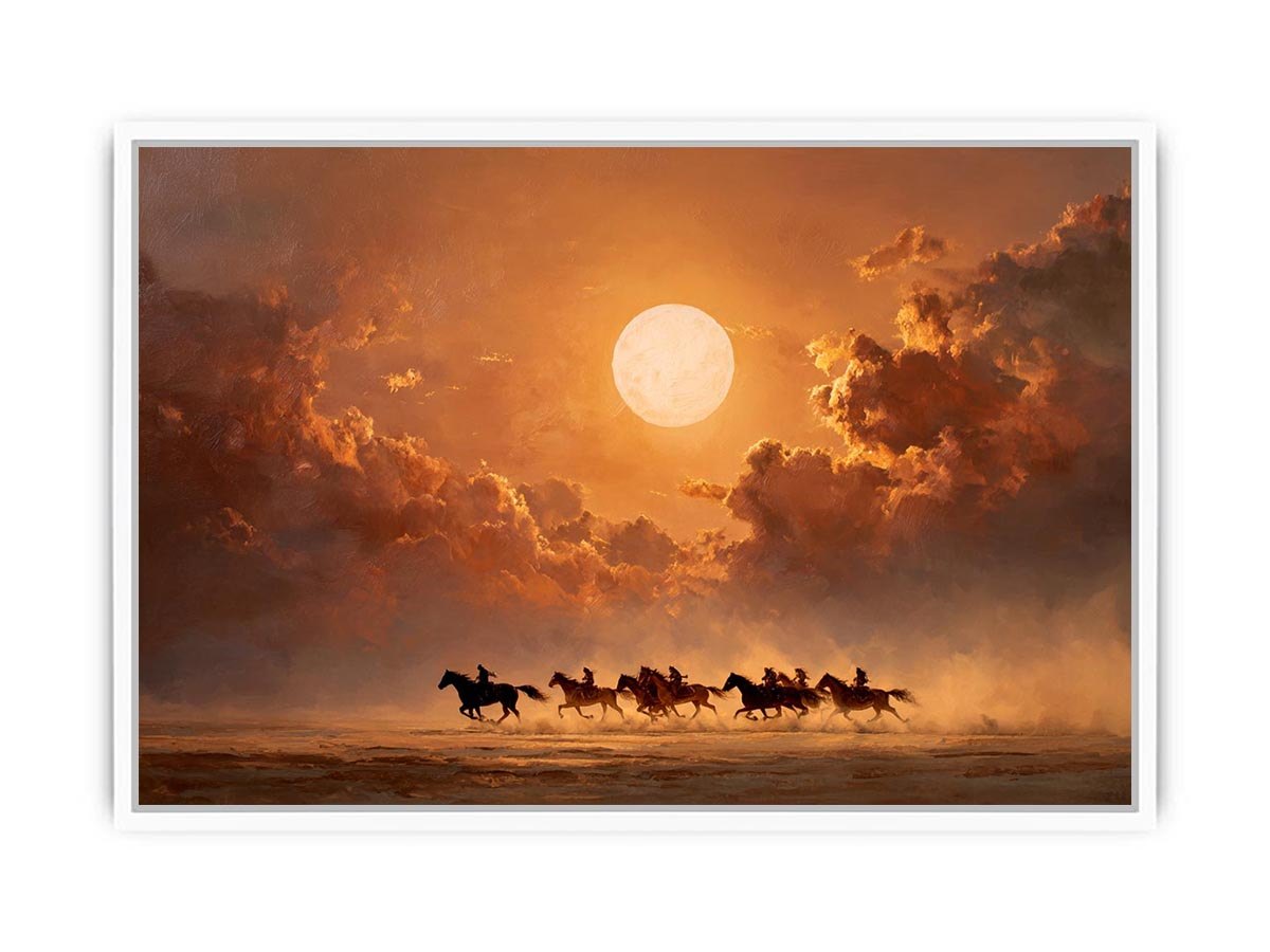 Moonlit horse riders western canvas art for dramatic living room decor.