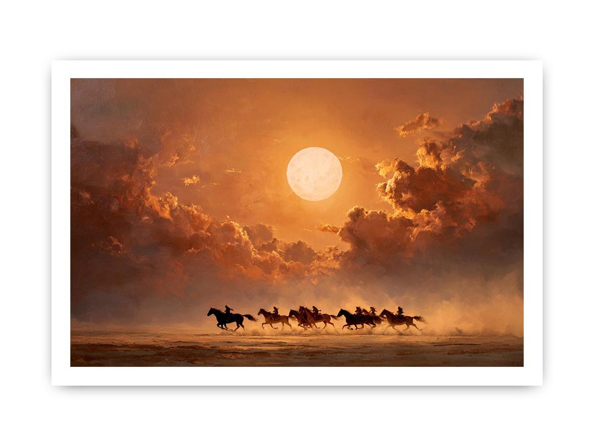 Moonlit horse riders western canvas art for dramatic living room decor.