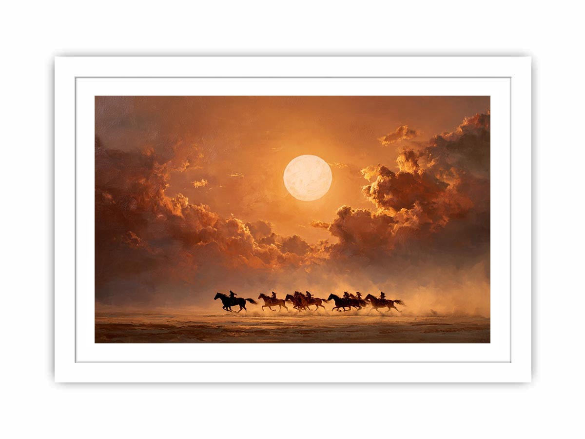 Moonlit horse riders western canvas art for dramatic living room decor.