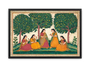 Mughal garden women and mango tree art for traditional dining room decor.