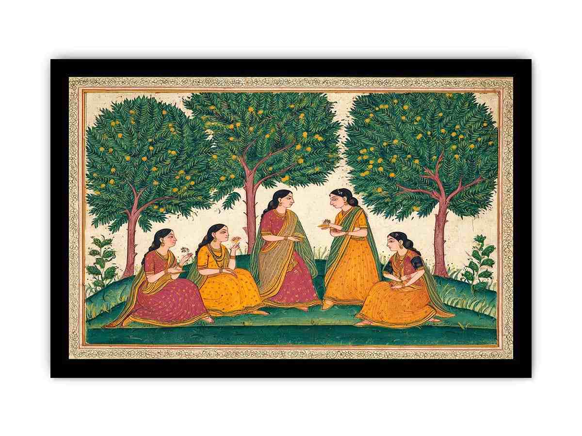 Mughal garden women and mango tree art for traditional dining room decor.