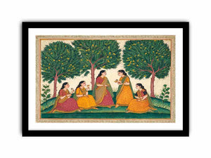 Mughal garden women and mango tree art for traditional dining room decor.