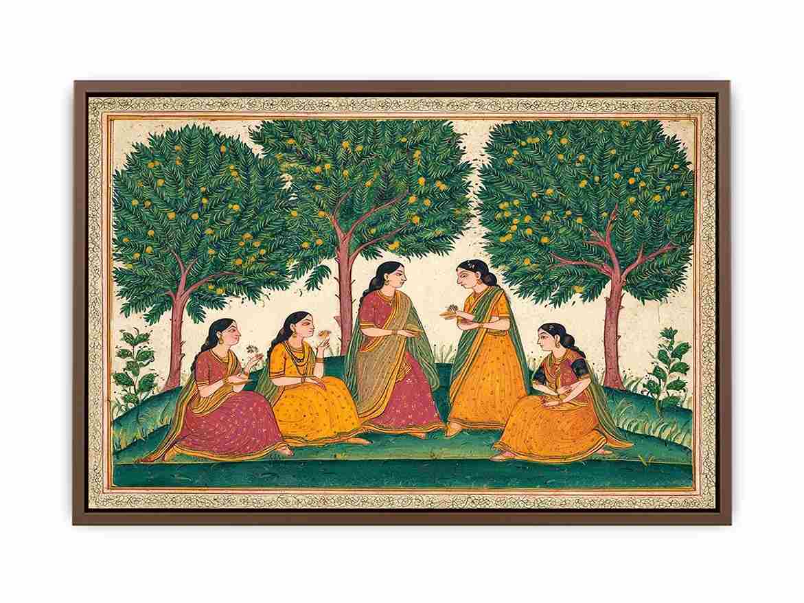 Mughal garden women and mango tree art for traditional dining room decor.