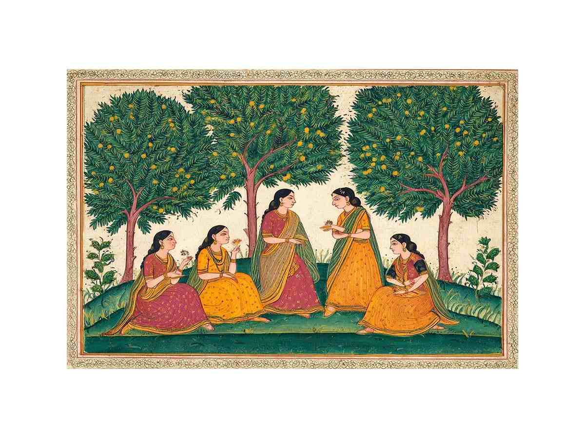 Mughal garden women and mango tree art for traditional dining room decor.