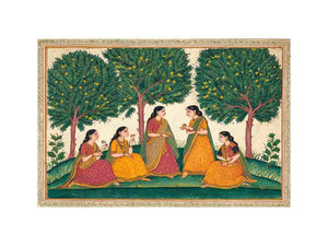 Mughal garden women and mango tree art for traditional dining room decor.