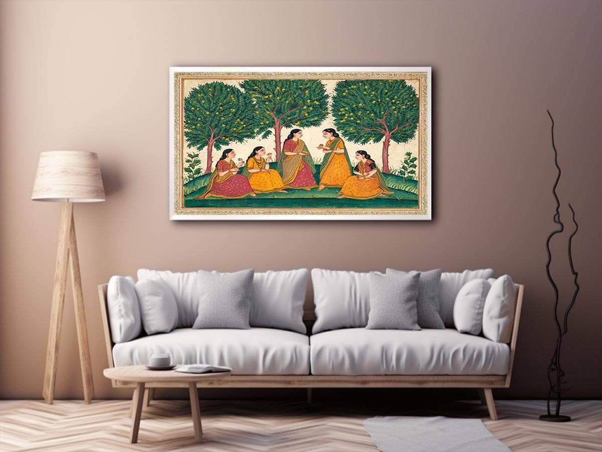 Mughal garden women and mango tree art for traditional dining room decor.
