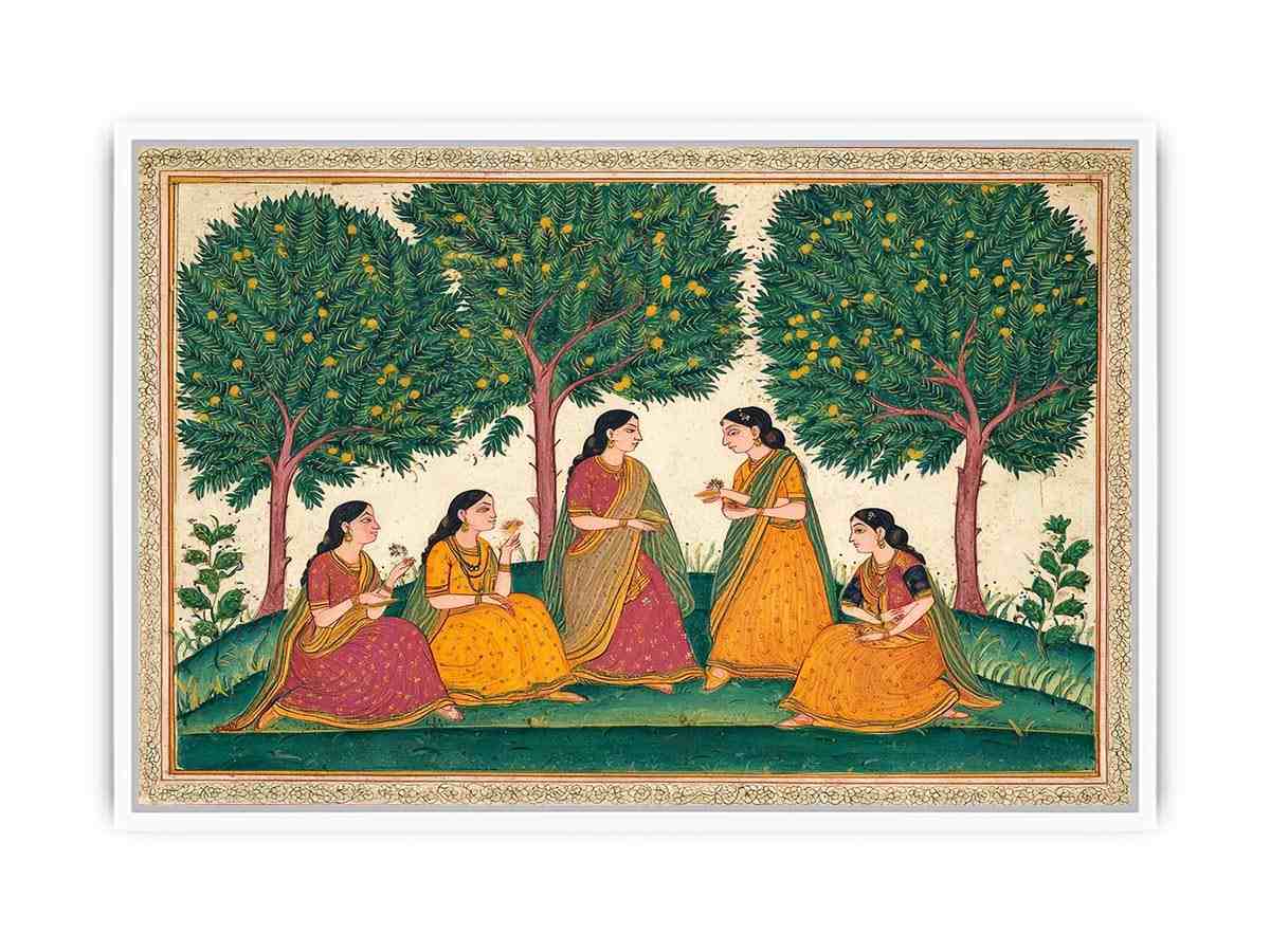 Mughal garden women and mango tree art for traditional dining room decor.