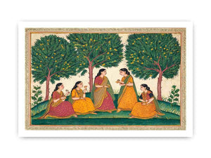 Mughal garden women and mango tree art for traditional dining room decor.