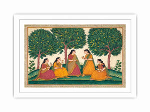 Mughal garden women and mango tree art for traditional dining room decor.
