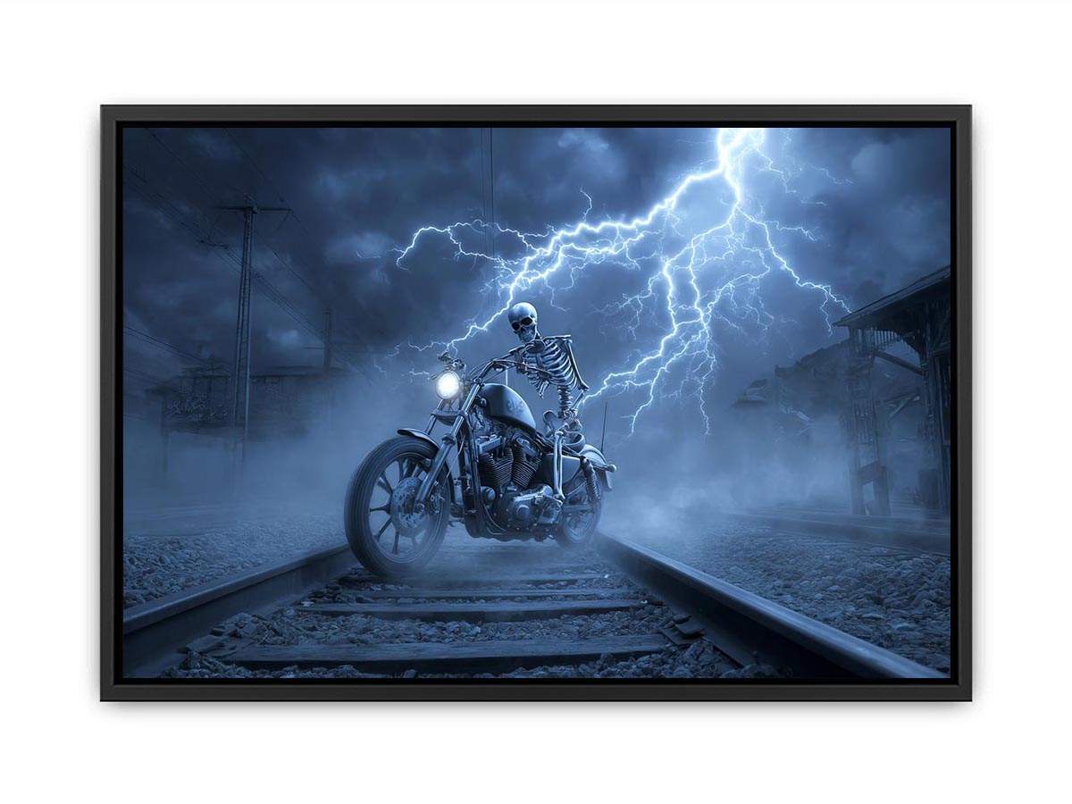 Skeleton motorcycle lightning canvas art for dramatic mancave wall decor.