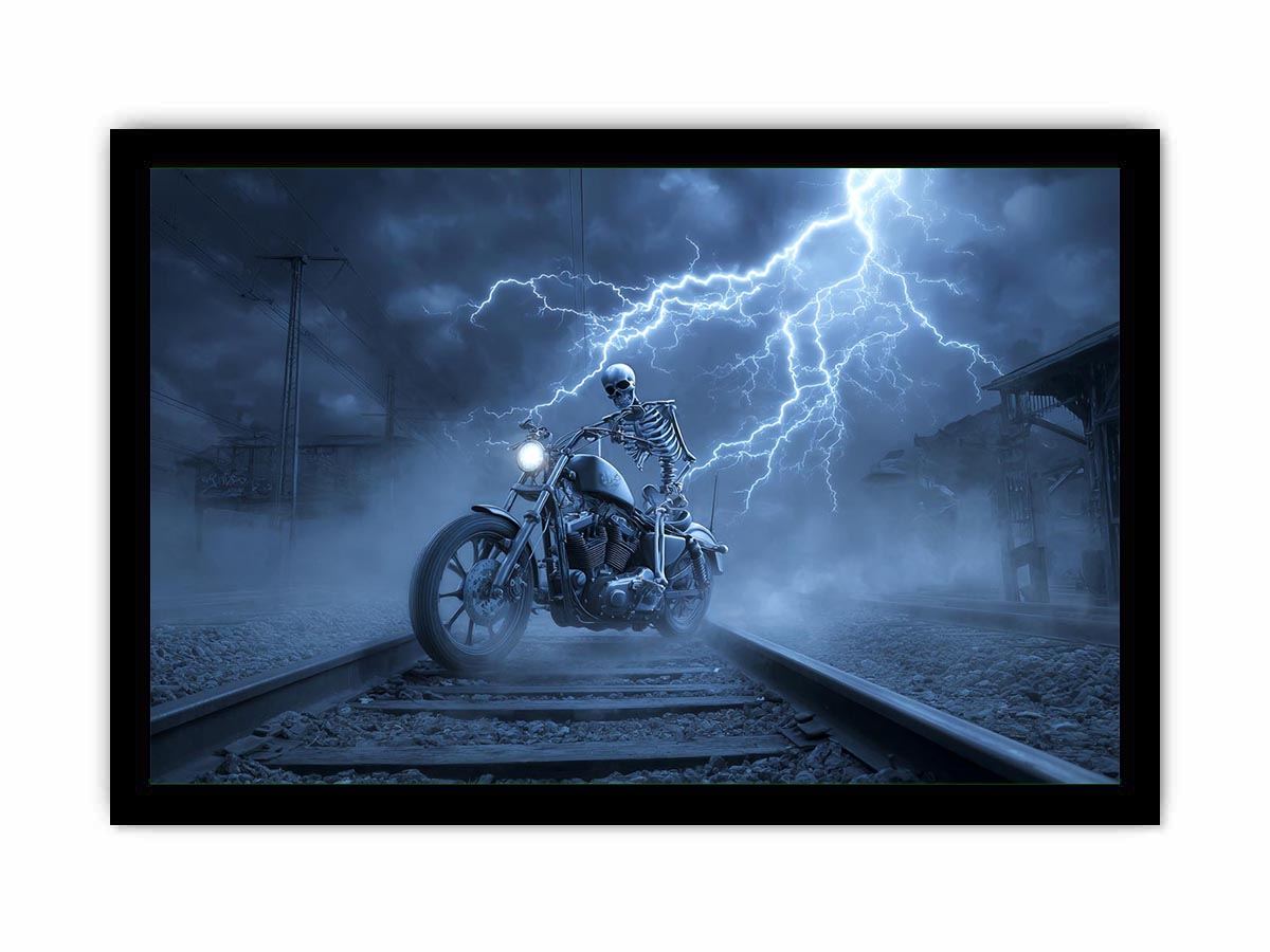 Skeleton motorcycle lightning canvas art for dramatic mancave wall decor.