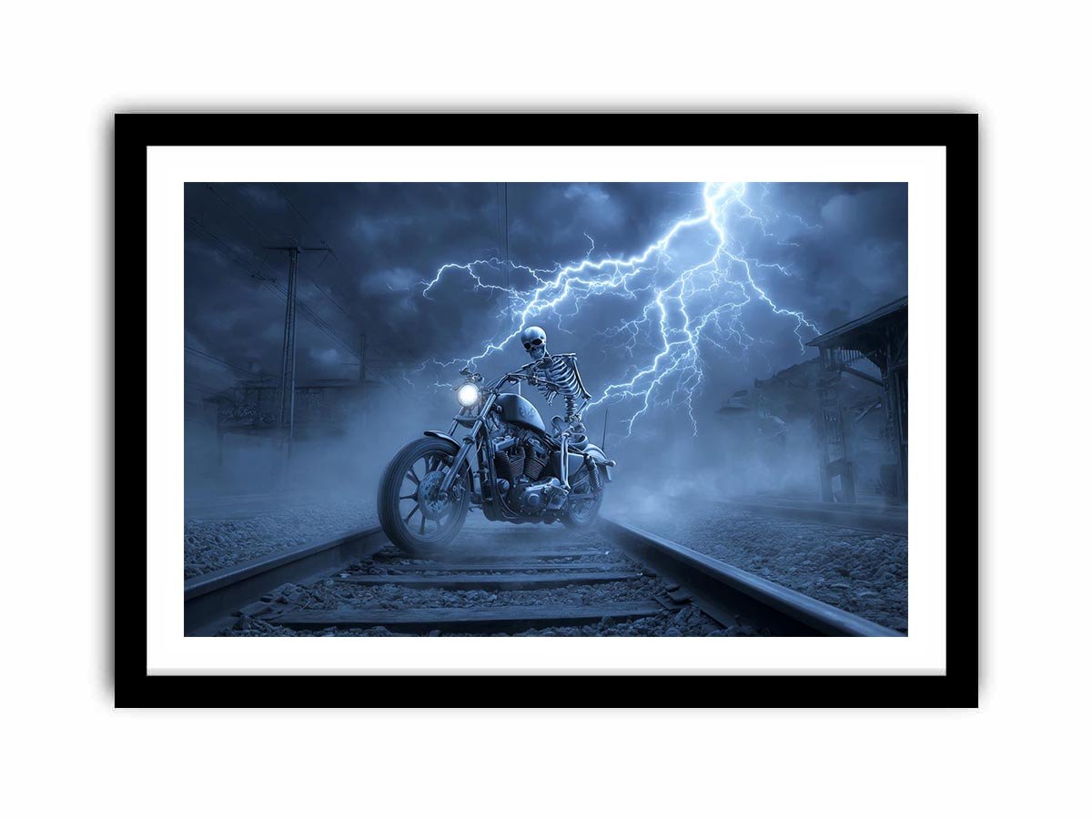Skeleton motorcycle lightning canvas art for dramatic mancave wall decor.