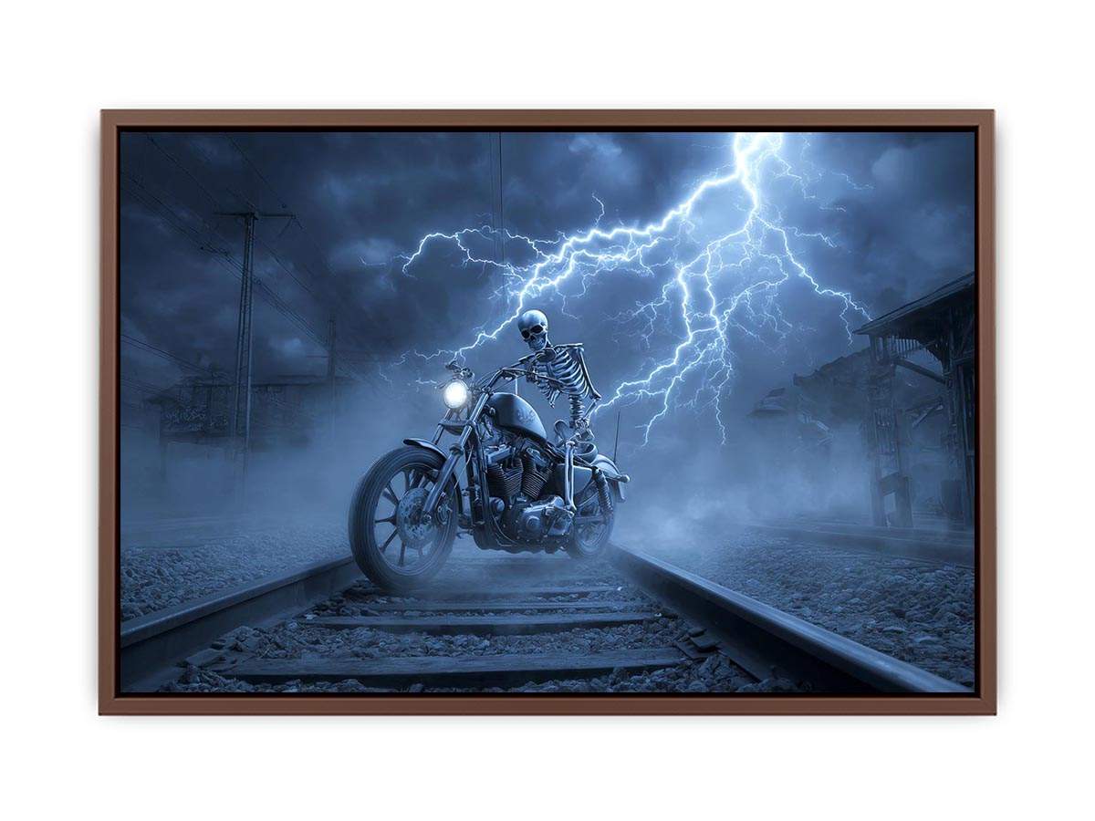 Skeleton motorcycle lightning canvas art for dramatic mancave wall decor.