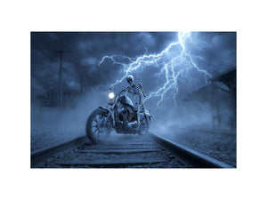 Skeleton motorcycle lightning canvas art for dramatic mancave wall decor.