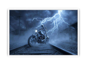 Skeleton motorcycle lightning canvas art for dramatic mancave wall decor.