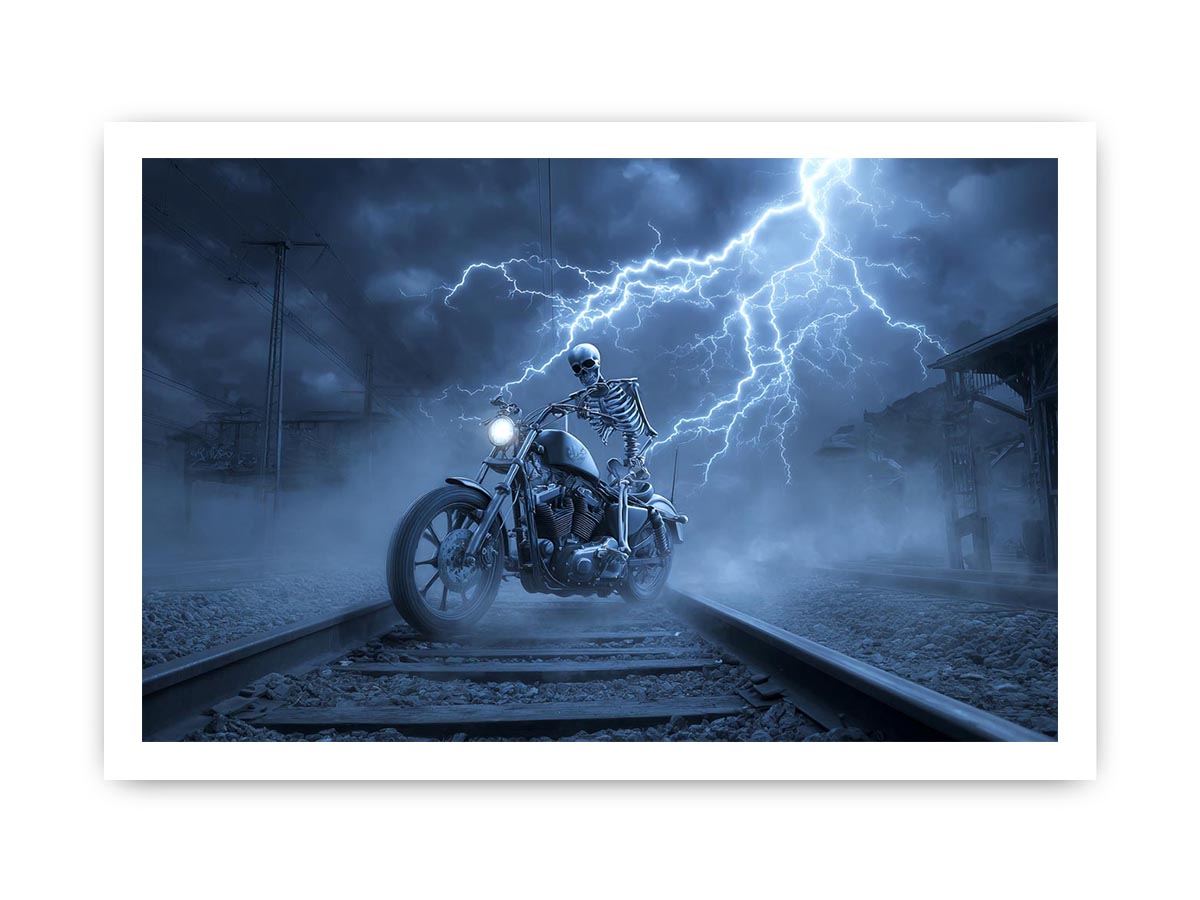 Skeleton motorcycle lightning canvas art for dramatic mancave wall decor.