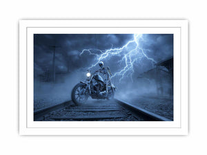 Skeleton motorcycle lightning canvas art for dramatic mancave wall decor.