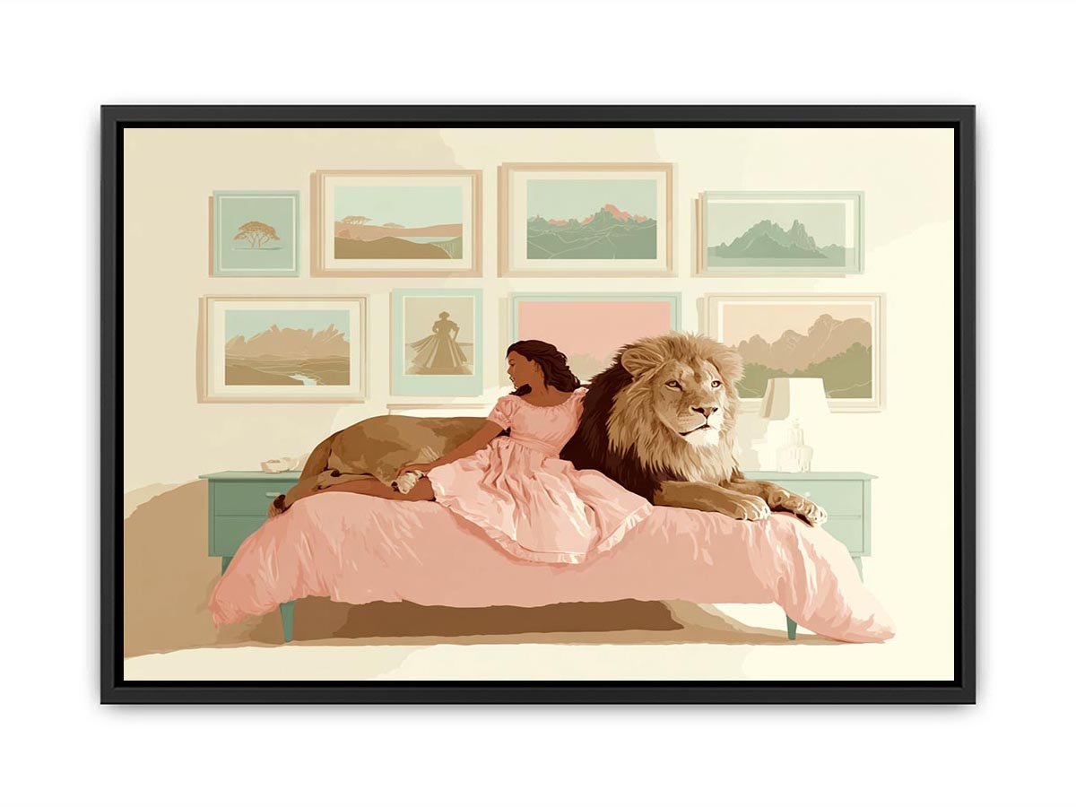Girl with lion whimsical bedroom canvas art for nursery and kids room decor.