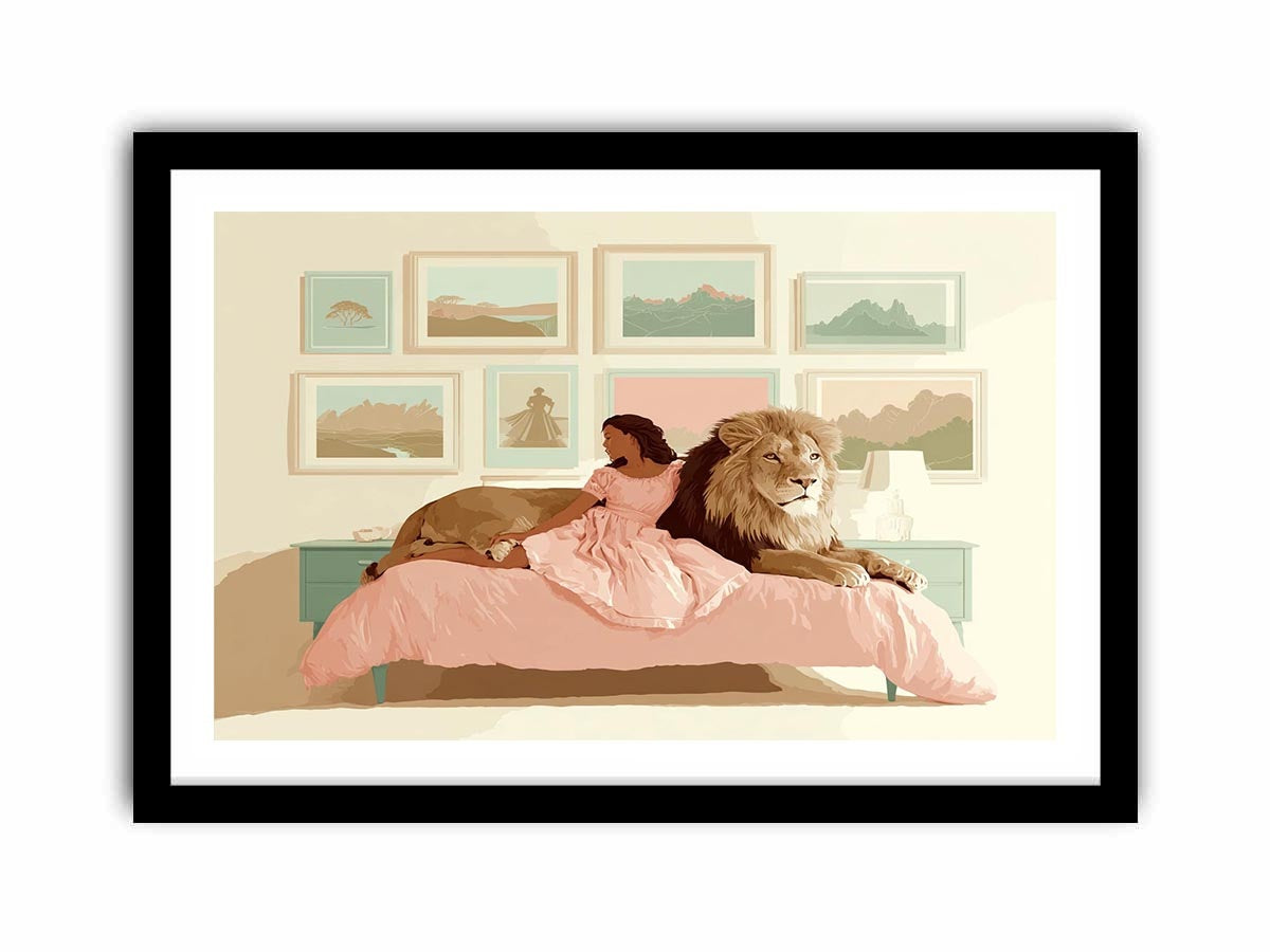Girl with lion whimsical bedroom canvas art for nursery and kids room decor.