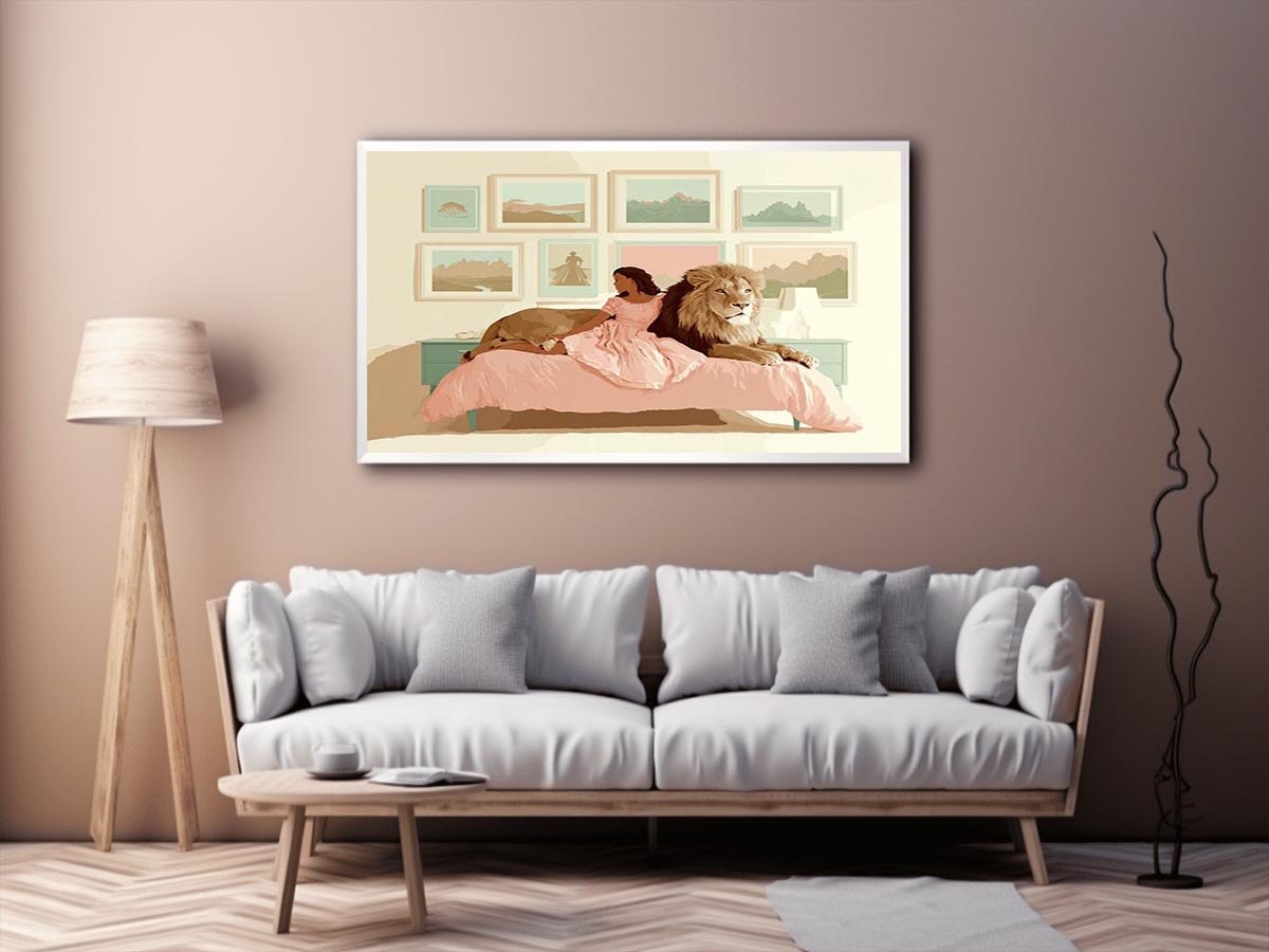 Girl with lion whimsical bedroom canvas art for nursery and kids room decor.