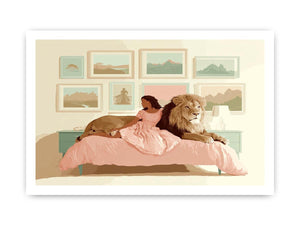 Girl with lion whimsical bedroom canvas art for nursery and kids room decor.