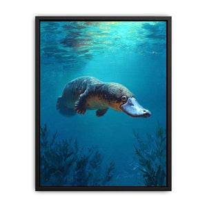 Platypus underwater wildlife canvas art for bathroom or coastal room decor.