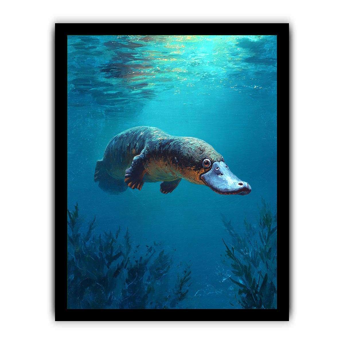 Platypus underwater wildlife canvas art for bathroom or coastal room decor.