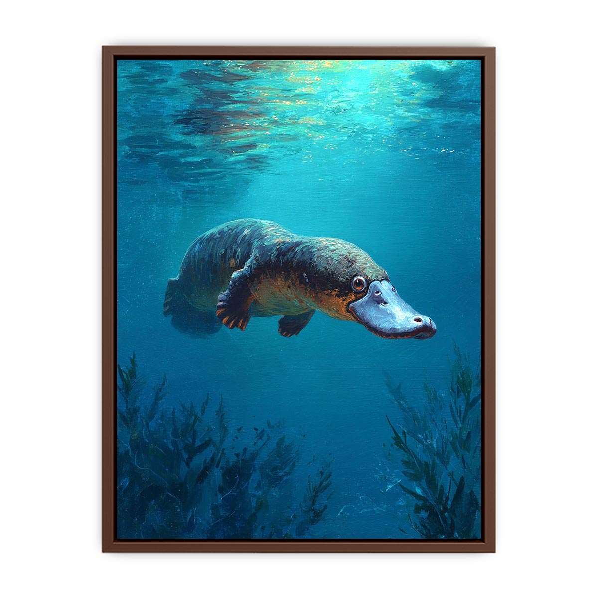 Platypus underwater wildlife canvas art for bathroom or coastal room decor.