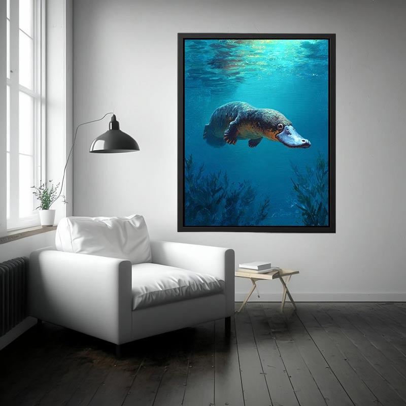 Platypus underwater wildlife canvas art for bathroom or coastal room decor.