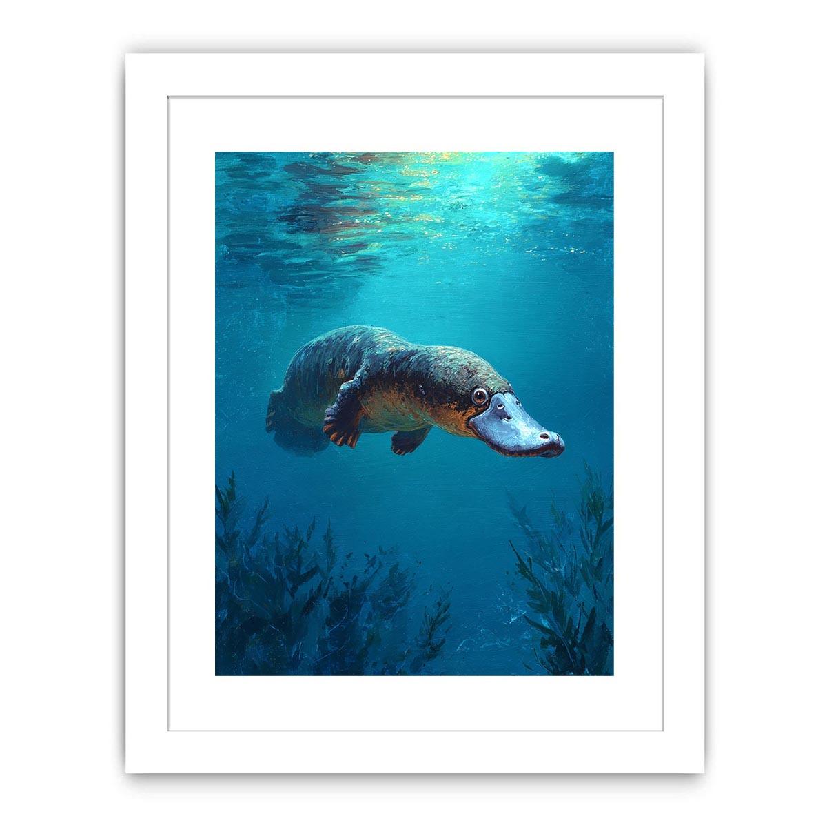 Platypus underwater wildlife canvas art for bathroom or coastal room decor.