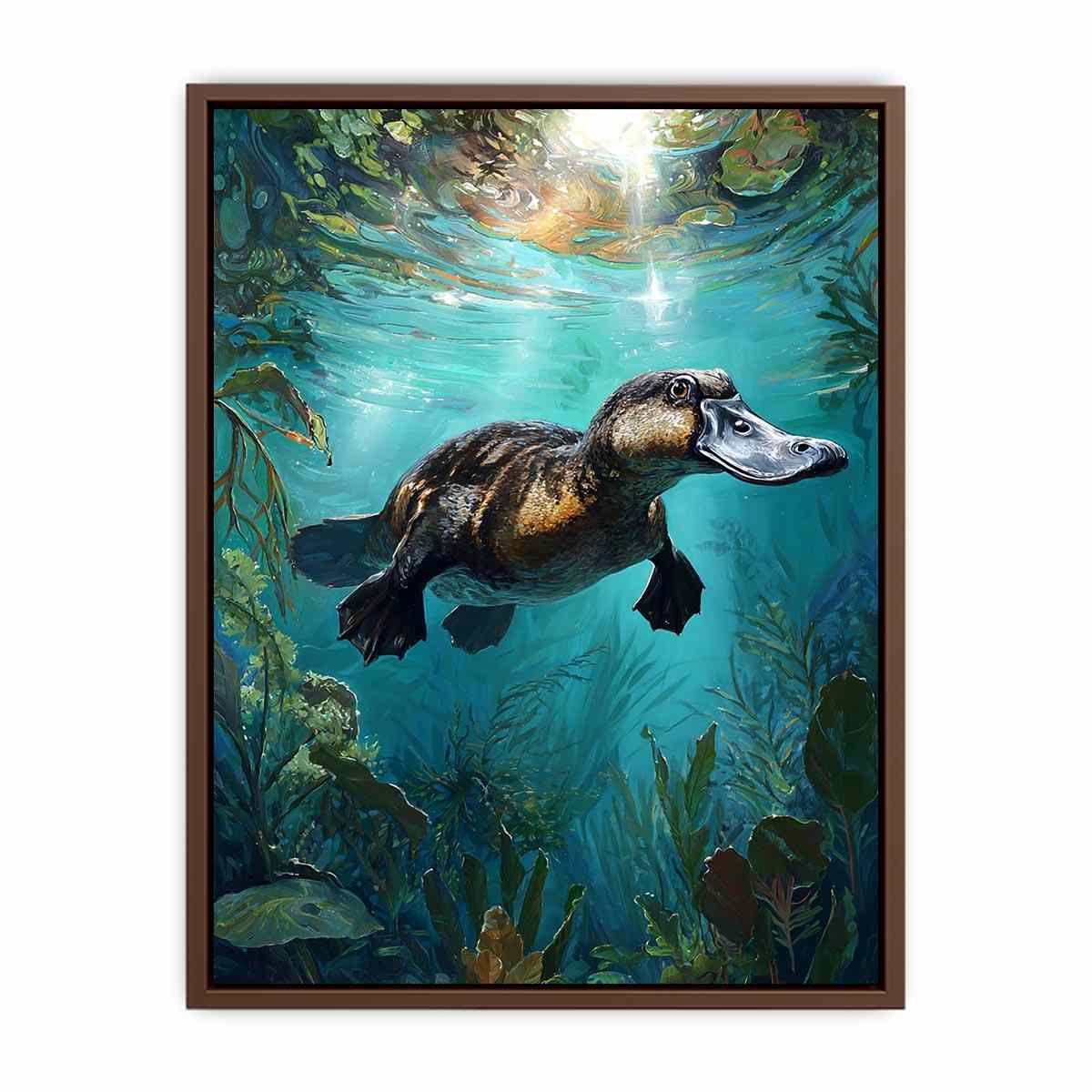 Platypus underwater aquatic wall art for nature-inspired living room decor.