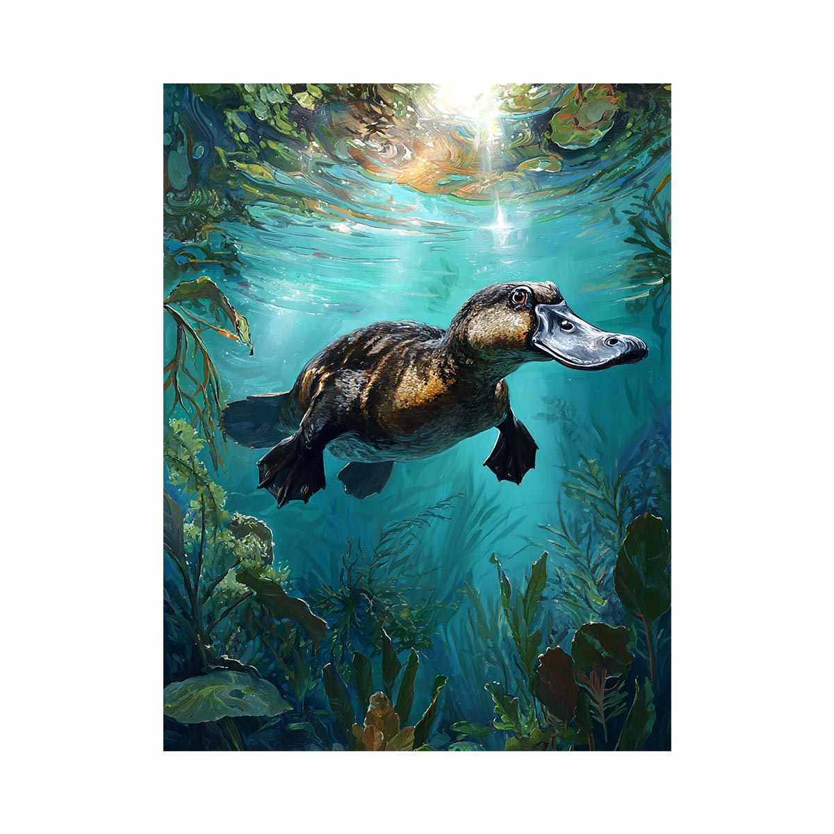 Platypus underwater aquatic wall art for nature-inspired living room decor.