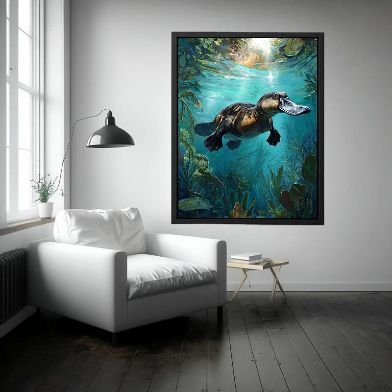 Platypus underwater aquatic wall art for nature-inspired living room decor.