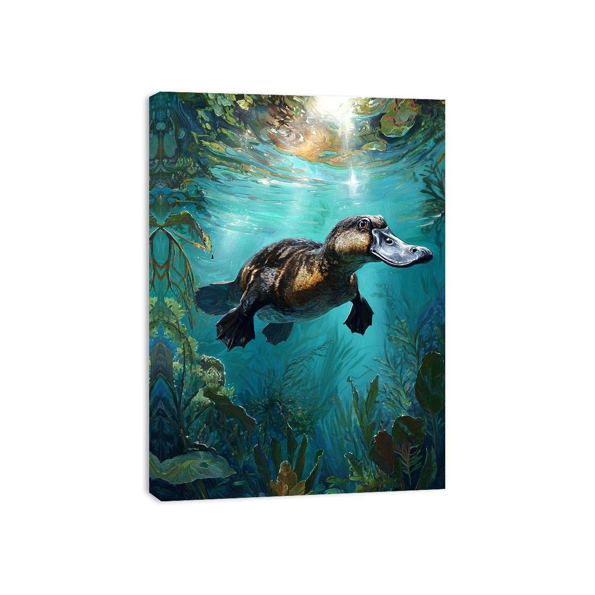 Platypus underwater aquatic wall art for nature-inspired living room decor.