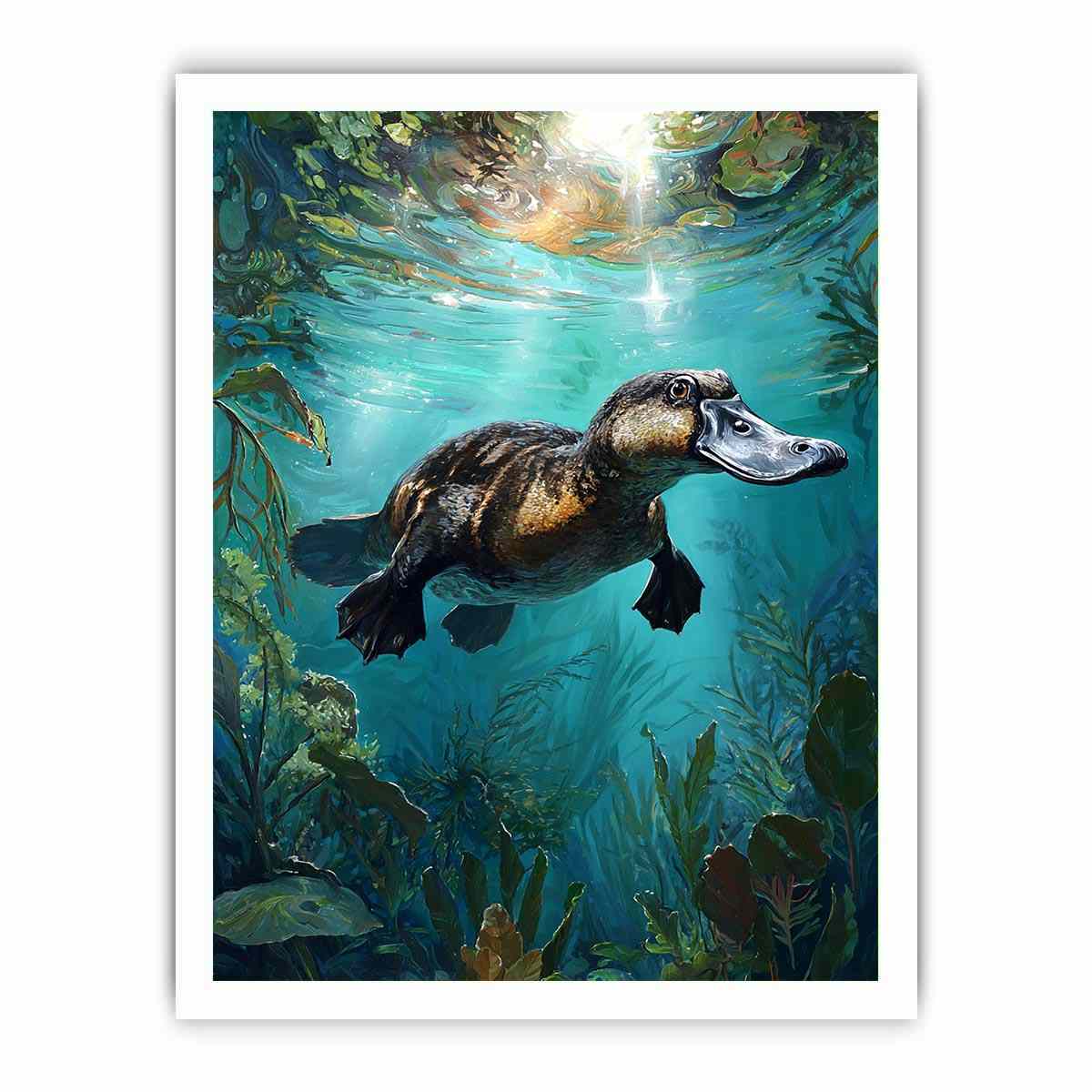 Platypus underwater aquatic wall art for nature-inspired living room decor.