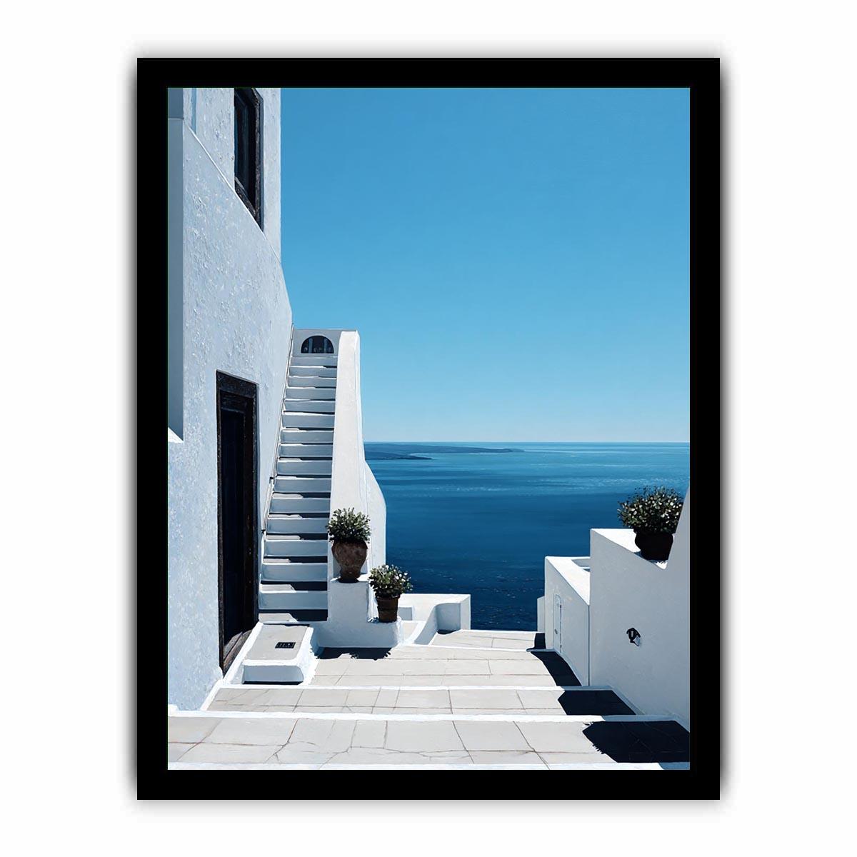 Greek courtyard stairs and sea photography for Mediterranean entryway decor.