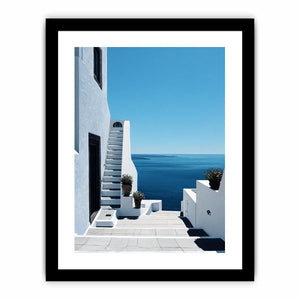 Greek courtyard stairs and sea photography for Mediterranean entryway decor.