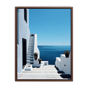 Greek courtyard stairs and sea photography for Mediterranean entryway decor.