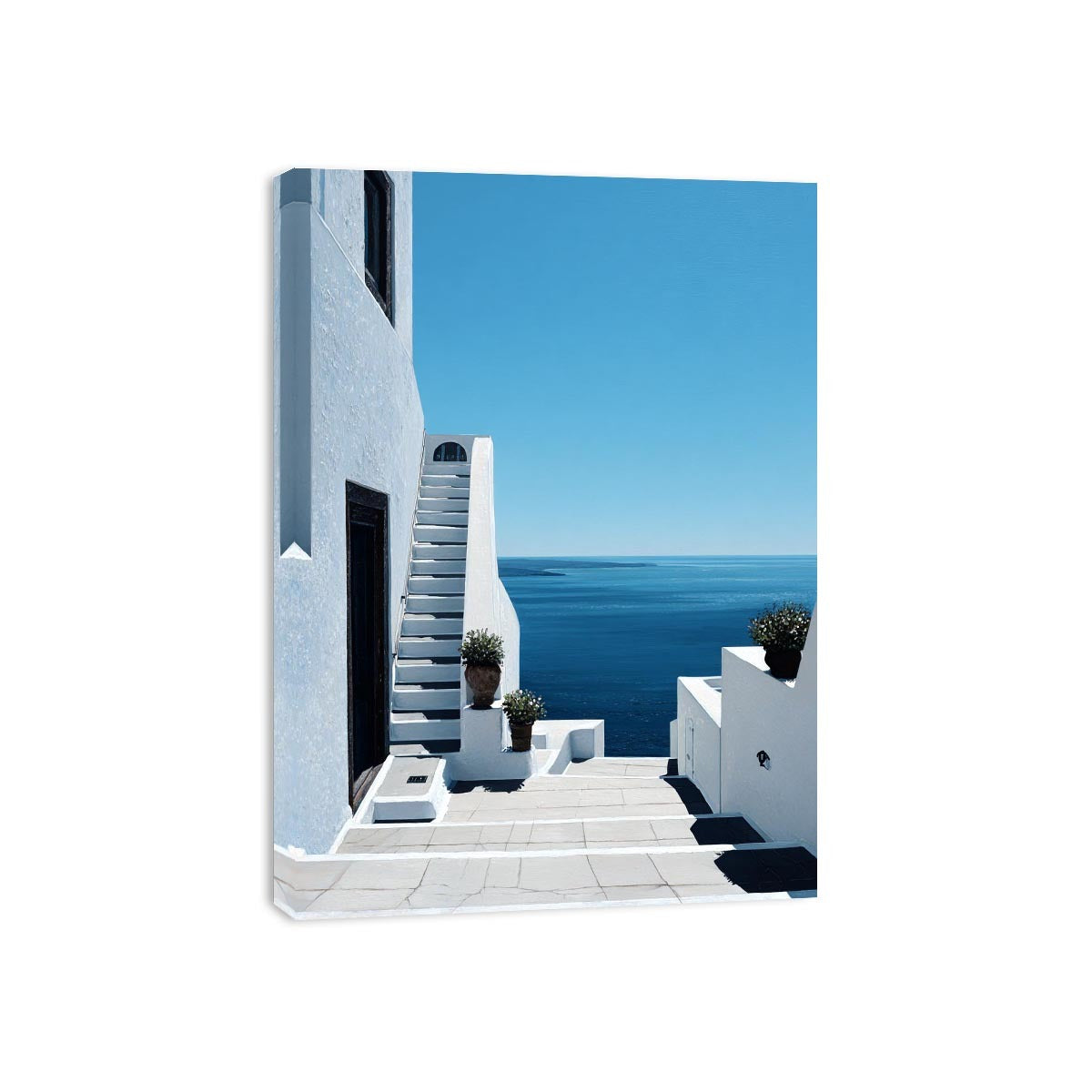 Greek courtyard stairs and sea photography for Mediterranean entryway decor.