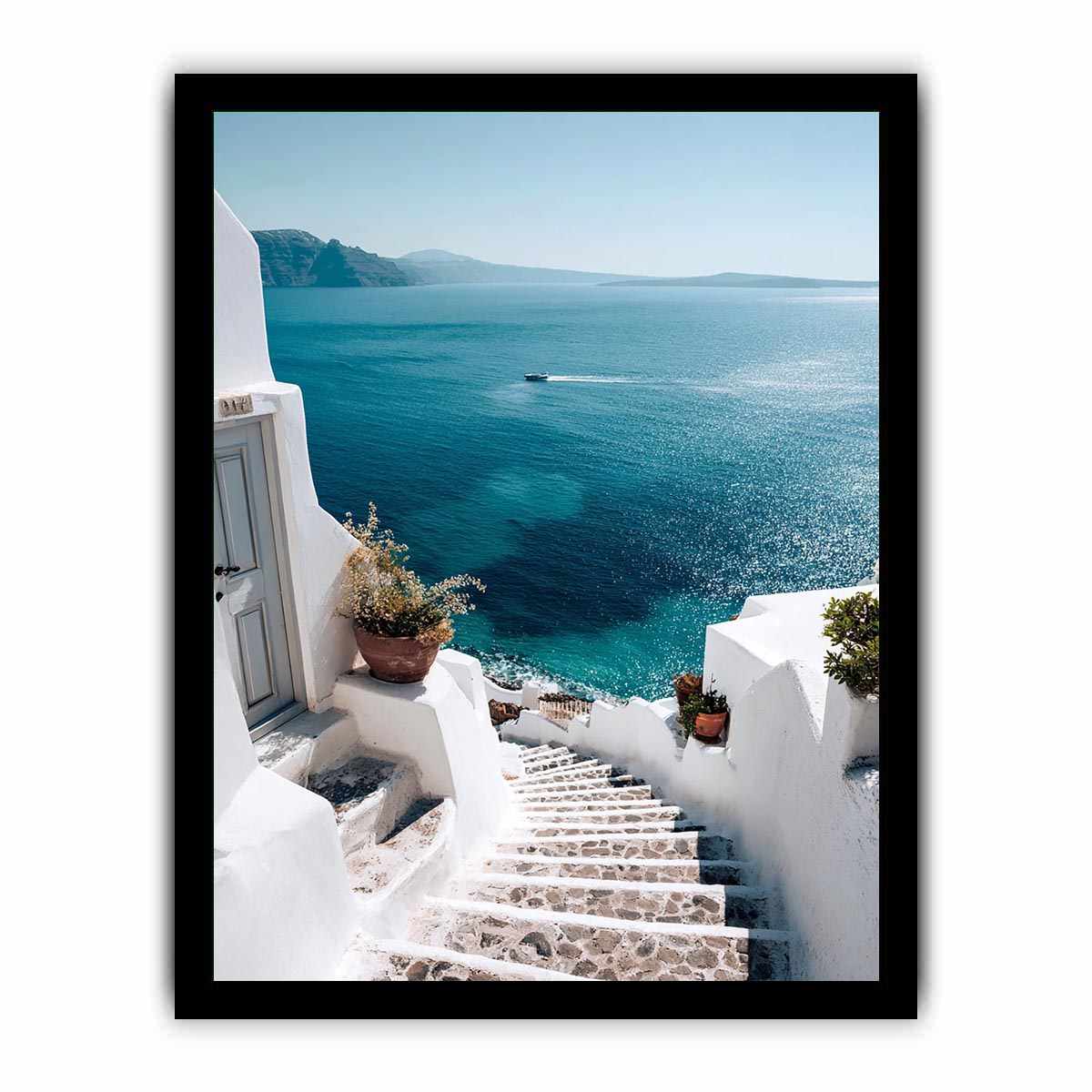 Santorini sea view stairs photography for coastal bedroom wall decor.
