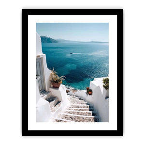 Santorini sea view stairs photography for coastal bedroom wall decor.