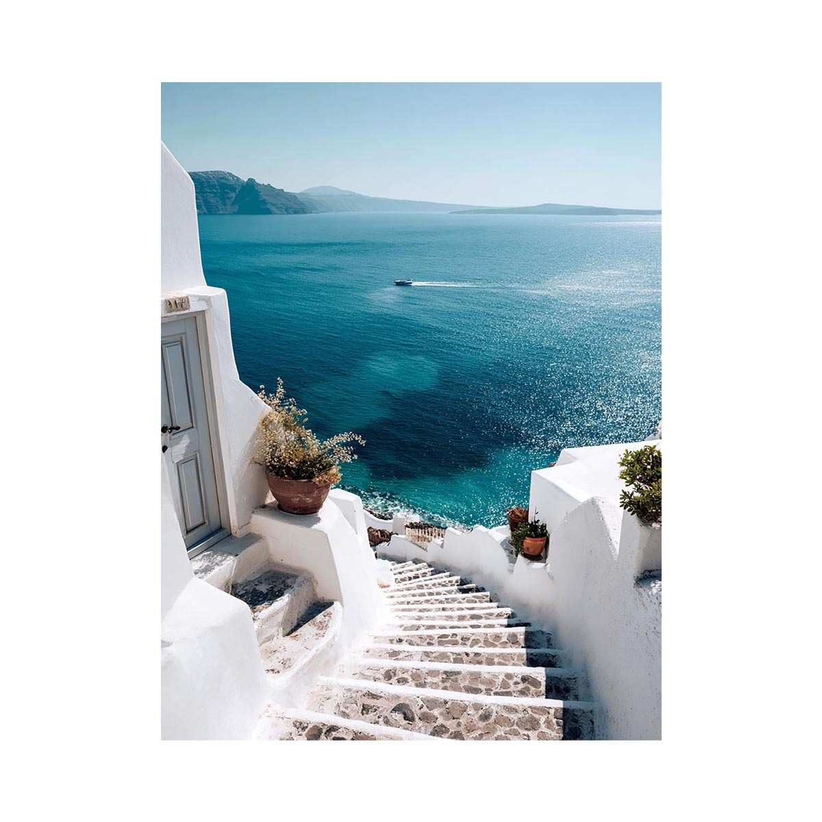 Santorini sea view stairs photography for coastal bedroom wall decor.