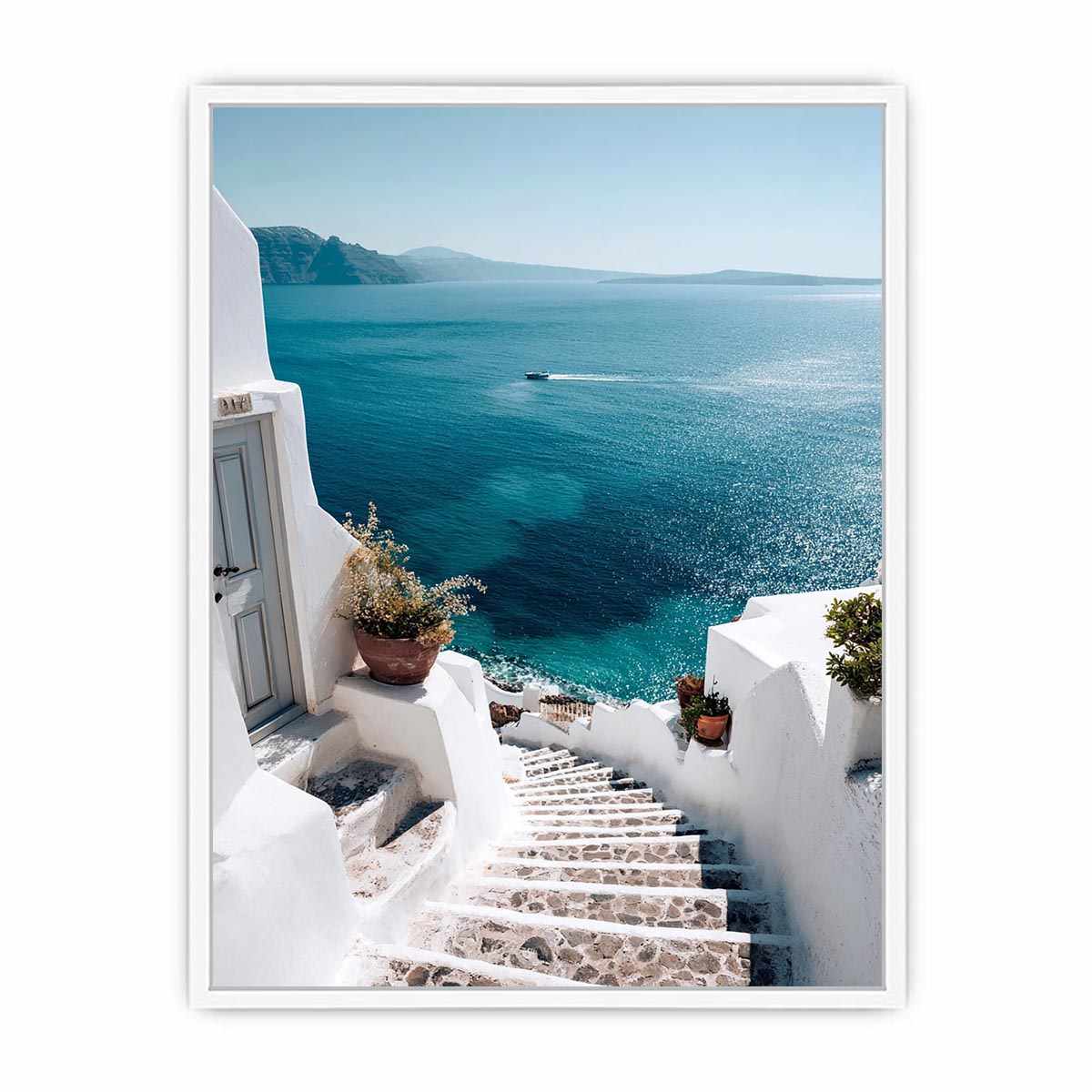 Santorini sea view stairs photography for coastal bedroom wall decor.